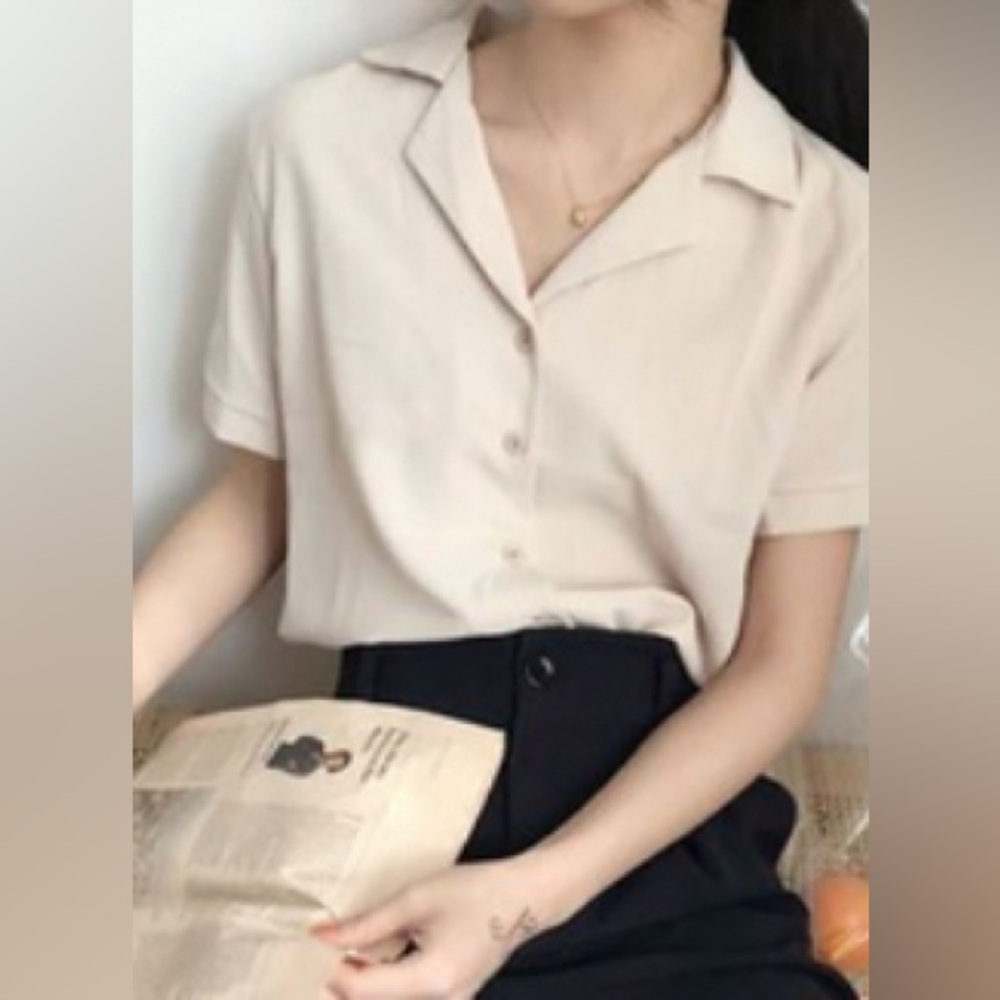 Short Sleeve Collar Plain Blouse - Yesstyle